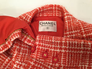 97P, 1997 Spring Vintage Chanel Boutique Orange Plaid Wool Tweed Jacket Blazer Skirt Suit Set US 8/10