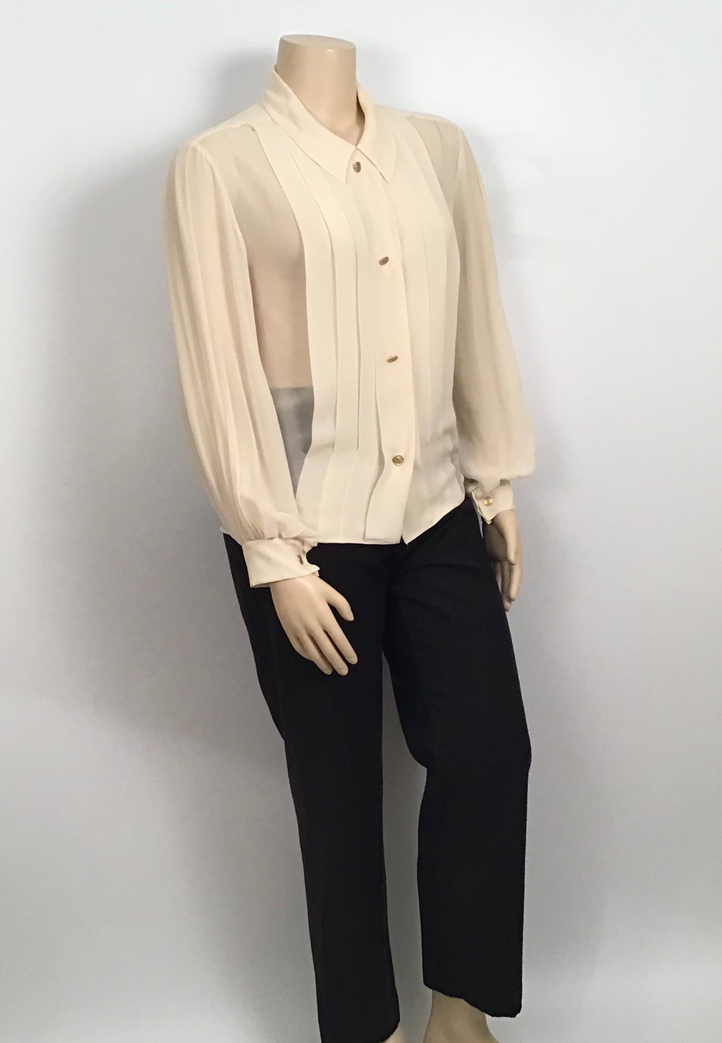 Chanel Off White Silk Pleated Long Sleeve Blouse