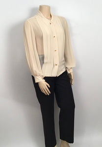 1987, Collection 20 Vintage Chanel Ivory Ecru Silk pleated Button down Blouse Top US 12