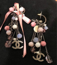 Load image into Gallery viewer, Chanel extra long pink 07C Ribbon bead &amp; Crystal logo earrings