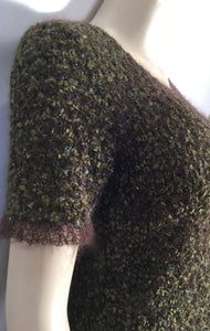 Vintage Chanel 98A, 1998 Fall tweed wool pullover short sleeve olive mohair sweater top blouse FR 42 US 6/8/10