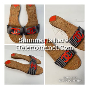 Chanel Stripe denim Summer Slides Orange CC Cork Sandals EU 39.5 US 8.5/9
