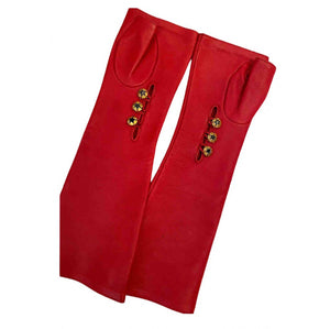Chanel Fingerless Lambskin Leather Long Red Gloves Size 7.5