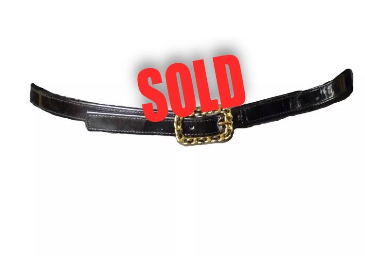 95P Chanel Vintage Skinny Black Patent Leather Woven Gold Chain Belt Sz Small