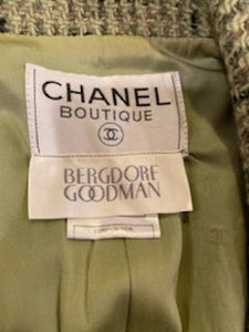 97A, 1997 Fall Vintage Chanel Green Tweed Jacket FR 42 US 6/8