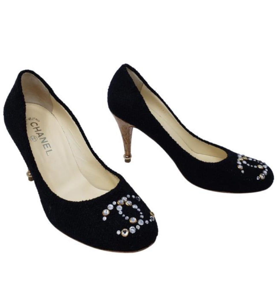 Chanel Black/Beige Glitter Fabric Square Toe Mules Size 40.5 Chanel