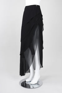 Chanel 00T, 2000 Asymmetrical long Tiered Black Silk Chiffon Skirt FR 40 size 6