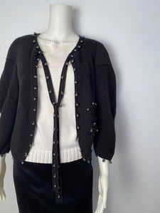 Chanel 09P 2009 Spring black CC logo knit silk cardigan with grey pearls FR 36 US 4