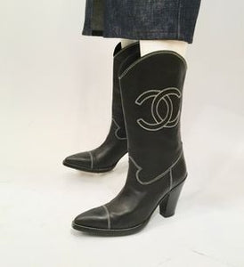 Chanel Black Cowboy Western Boots EU 38.5 US 7.5