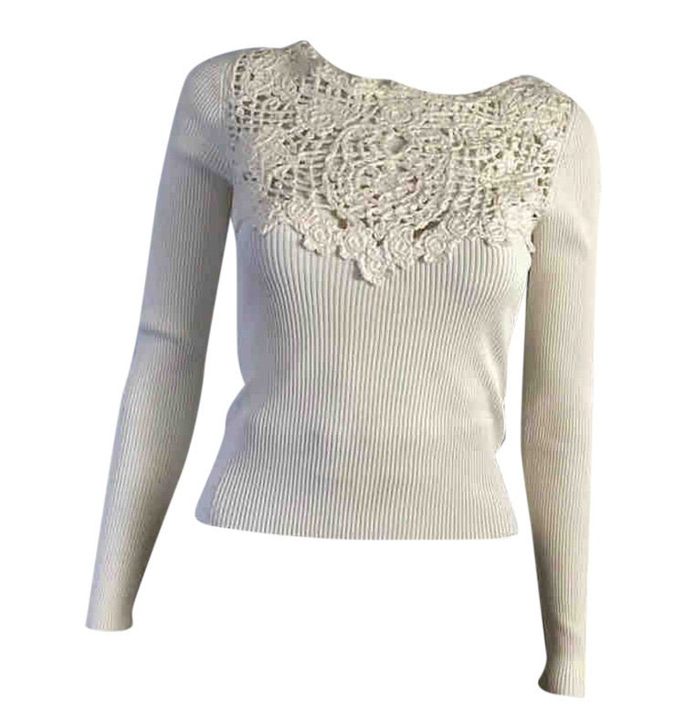 Chanel 05P 2005 Spring Long Sleeve White Ribbed Top ,crochet front FR 36 US 2/4