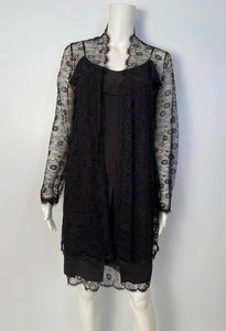 HelensChanel Vintage 01p, 2001 Spring Chanel 2 Piece Set Black Spaghetti Strap Dress with Lace Overlay Jacket US 2/4