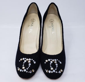 Chanel 12C 2012 Cruise Resort black wool interlocking CC crystal cork screw heels pumps US 7.5/8