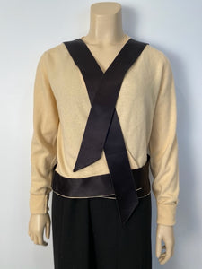 1980’s Chanel Vintage Light Yellow Black Bicolor Wrap Sweater w/satin ribbons US 4/6/8