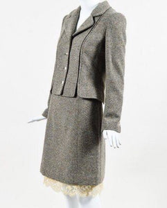 Chanel Vintage 03A, 2003 Fall Autumn Brown Tweed Lace Jacket Blazer Skirt Suit Set FR 48 US 14/16