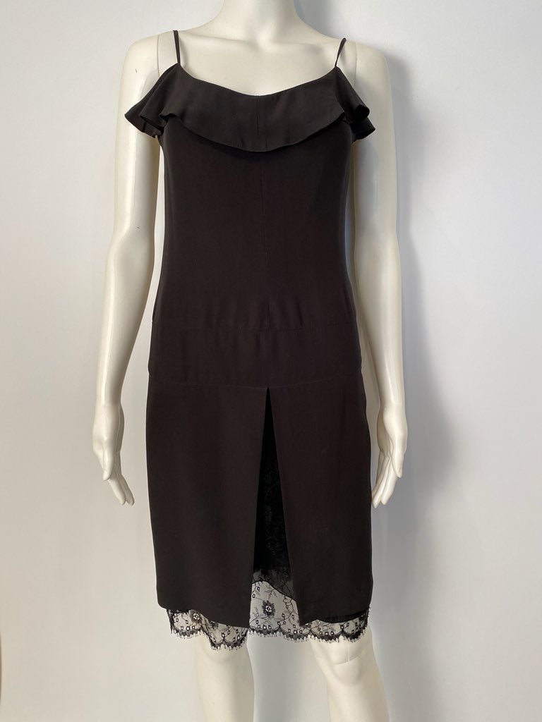 HelensChanel Vintage 01p, 2001 Spring Chanel 2 Piece Set Black Spaghetti Strap Dress with Lace Overlay Jacket US 2/4