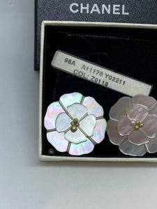Vintage Chanel 98A Camellia flower clip on enamel mother of pearl Earrings