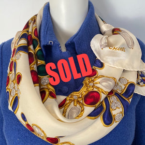 Large Vintage Chanel Jewel Multicolor Print Silk Scarf