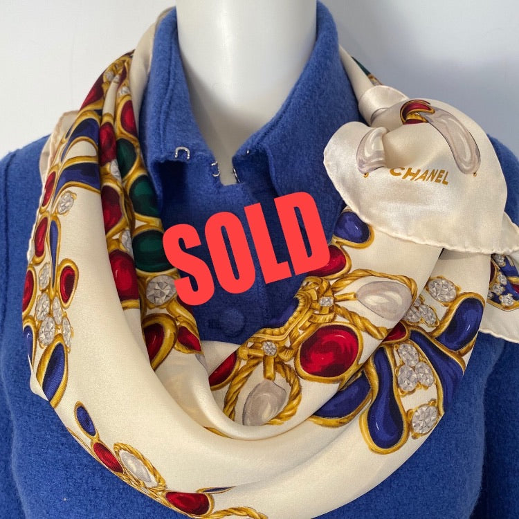 Large Vintage Chanel Jewel Multicolor Print Silk Scarf