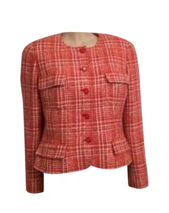 Chanel Pink, Black and White Cotton Tweed W/ Camellia Corsage Jacket 42 at  1stDibs