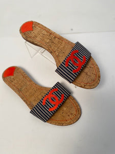 Chanel Stripe Denim Summer Slides Orange CC Cork Sandals EU 39.5 US 8.5/9