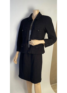 Rare Chanel Black Tweed Textured Skirt Suit w Chains/Zippers FR 44 US 8/10