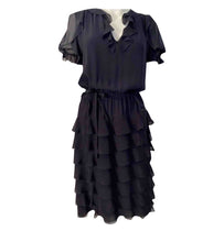 Load image into Gallery viewer, Chanel 01P 2001 Spring Navy Blue Silk Chiffon Ruffle short sleeve dress FR 38 US 4