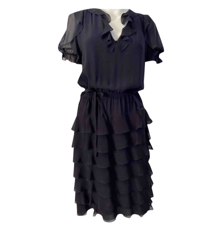 Chanel 01P 2001 Spring Navy Blue Silk Chiffon Ruffle short sleeve dress FR 38 US 4