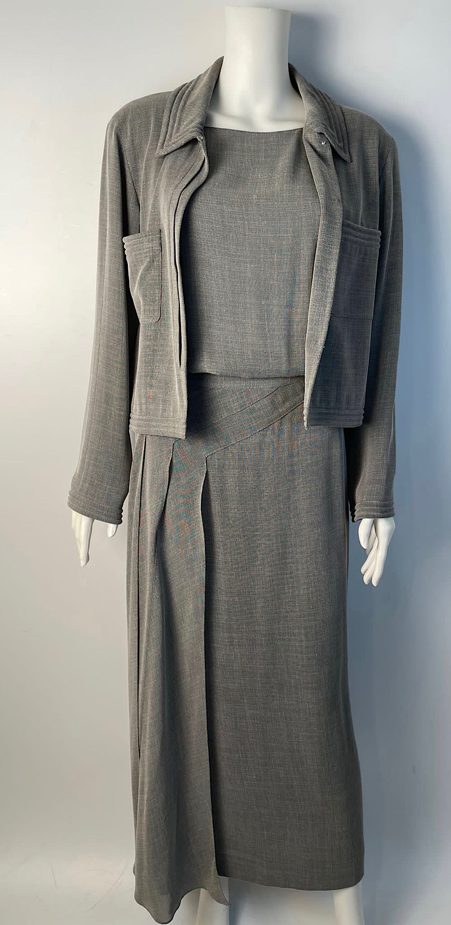 HelensChanel Vintage Chanel 99p 1999 Spring Grey 3 Piece Skirt Blouse Jacket Dress Outfit Set FR 36