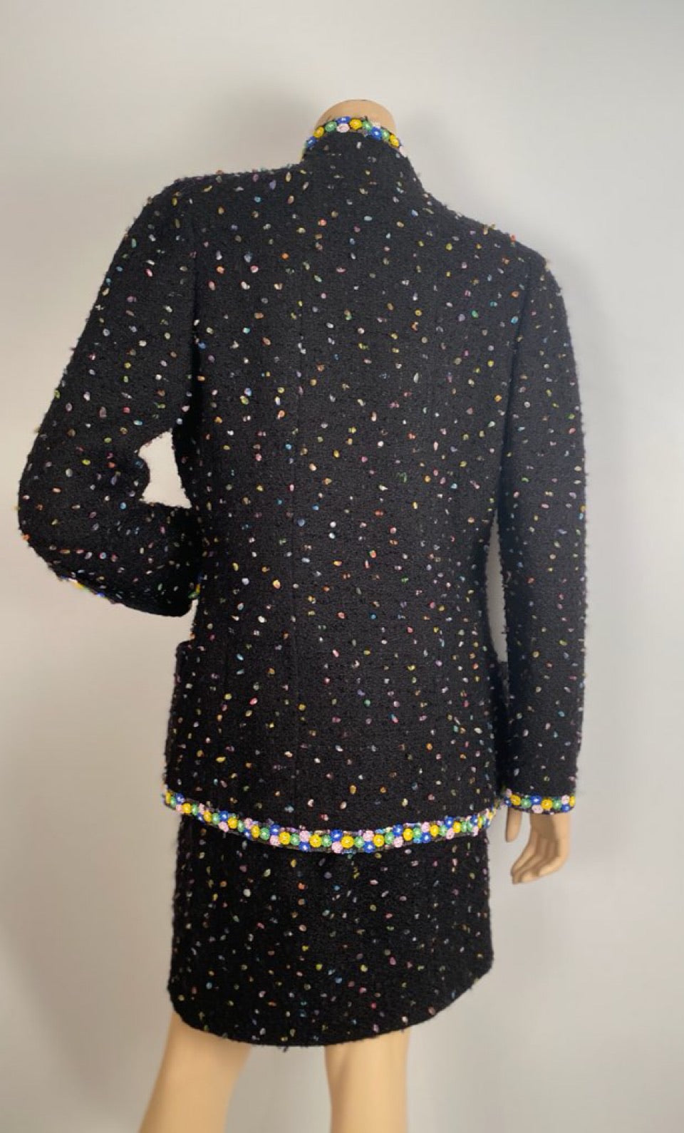HelensChanel 1980’s Collection 23 Chanel Black Multicolor Confetti Jacket Skirt Suit Set US 8/10