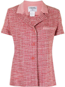 Vintage Chanel 02P, 2002 Spring Pink/Red Short Sleeve Tweed Jacket FR 42