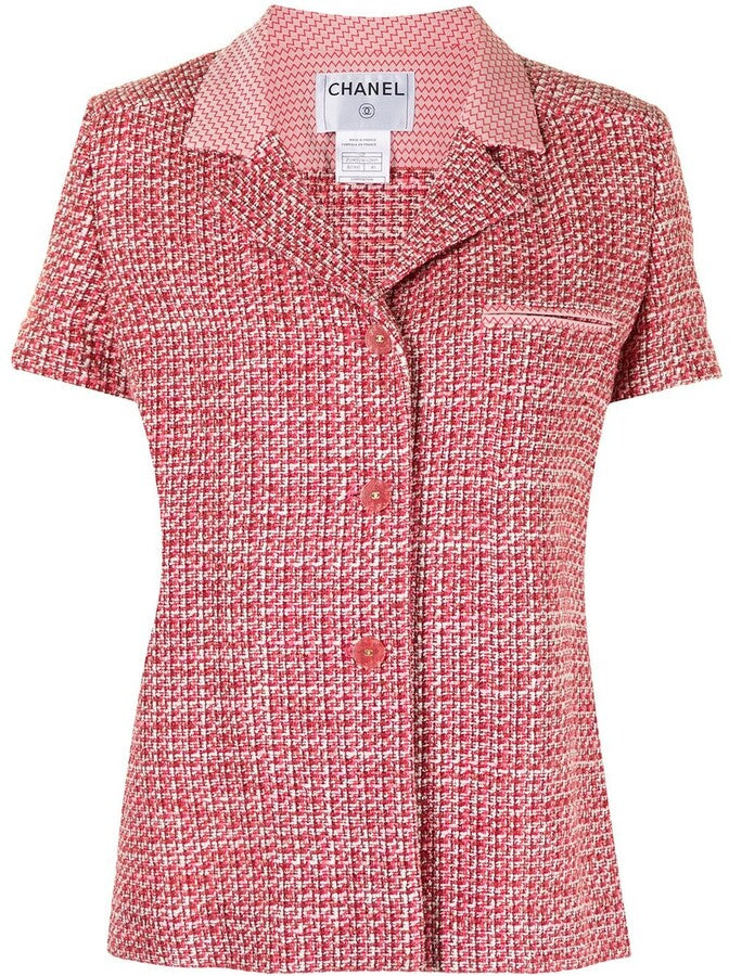 HelensChanel Vintage Chanel 02p, 2002 Spring Pink/Red Short Sleeve Tweed Jacket FR 42
