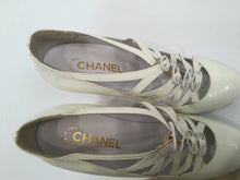 Load image into Gallery viewer, Chanel White Patent Leather Quilted Gold Mary Jane Wedge Strap Heels 07A Novelty Buckled Pumps EU 39 US 8/8.5