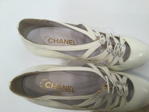 Chanel White Patent Leather Quilted Gold Mary Jane Wedge Strap Heels 07A Novelty Buckled Pumps EU 39 US 8/8.5