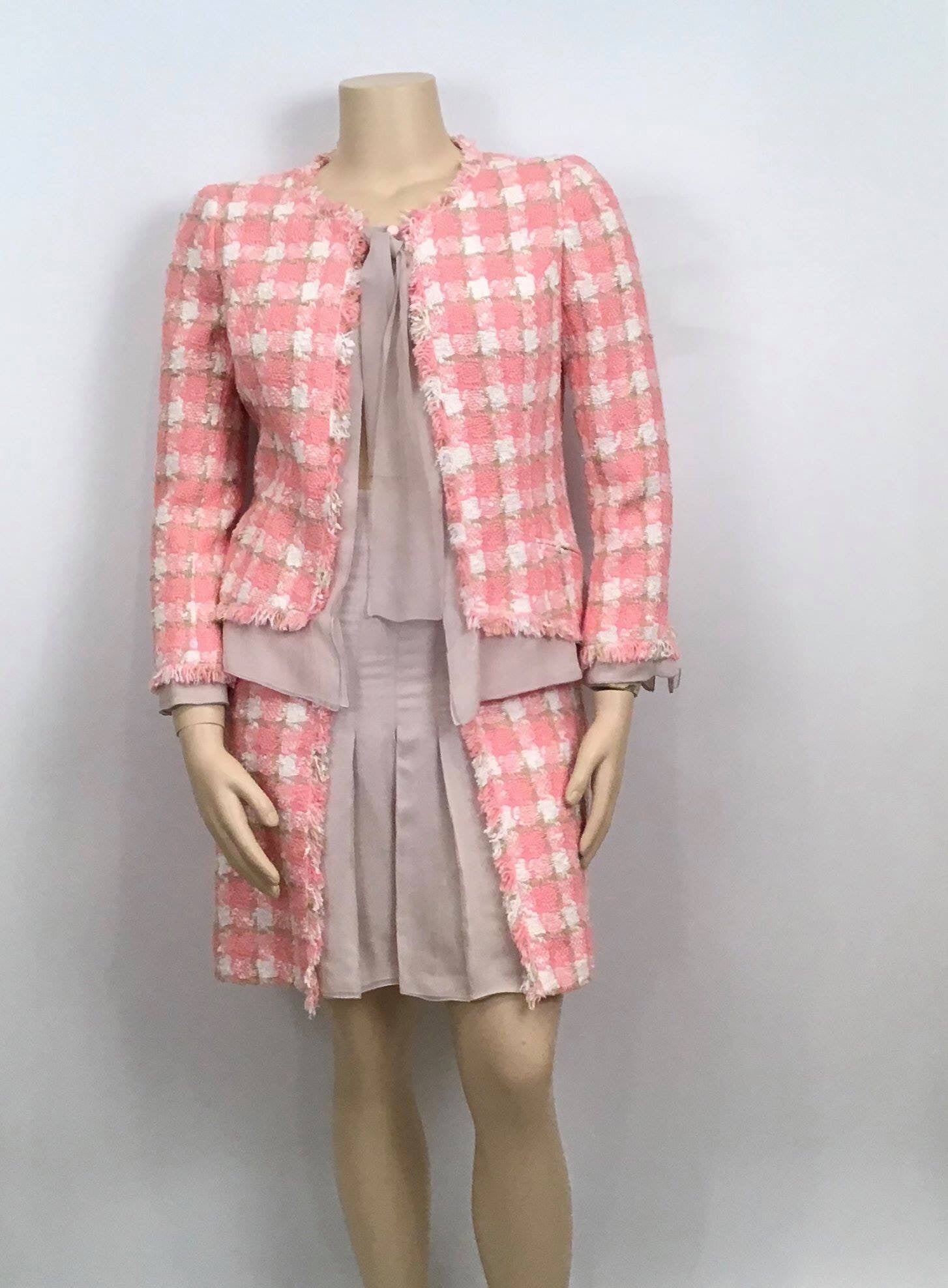 Chanel 04C, 2004 Cruise Resort tweed Chiffon Pink Taupe Jacket Skirt Suit  Set FR 46 US 10/12