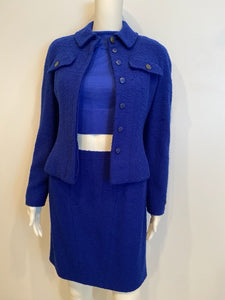 97A, 1997 Fall Vintage Chanel Boutique Royal Blue wool boucle Skirt Suit Jacket Set FR 36 US 2/4