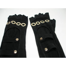 Load image into Gallery viewer, Rare! Chanel Long Fingerless Black Suede leather 08, 2008 Gold CC Logos Caged Gloves Sz 7.5
