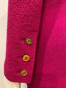 80’s/90’s Vintage Chanel Bright Pink Boucle Wool Long Jacket FR 36