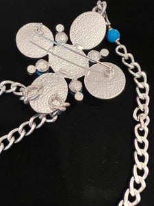 Chanel 07A 2007 Fall Turquoise Multi-Strand Tweed Crystal CC Silver Metal Necklace/Belt/Pin/Brooch