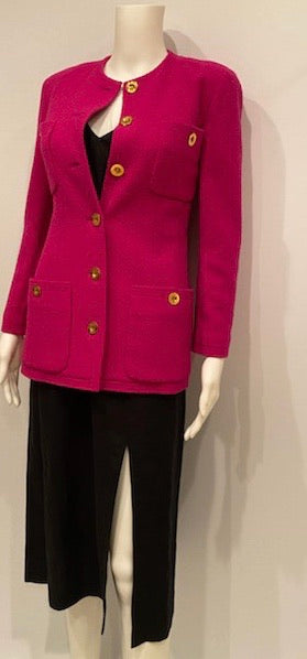 80’s/90’s Vintage Chanel Bright Pink Boucle Wool Long Jacket FR 36