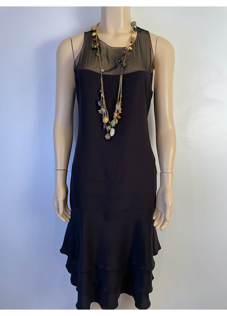 Chanel Black Silk Pleated Mini Dress with Gold Chain Belt and