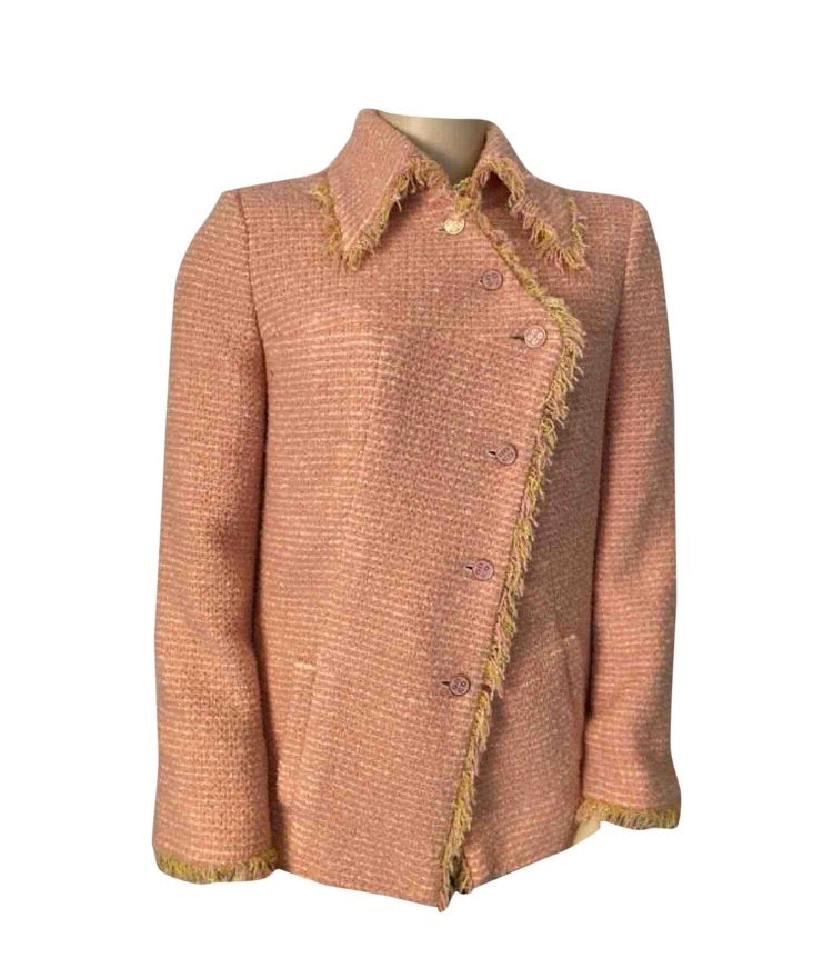 Vintage Chanel 01A, 2001 Fall tweed pink with light yellow Jacket FR 44/46