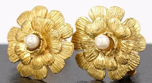 1980’s Collection 23 Vintage Chanel Clip On Gold Pearl Camellia Earrings