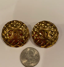 Load image into Gallery viewer, Chanel vintage quilted clip on CC gold plated metal round oversized earrings