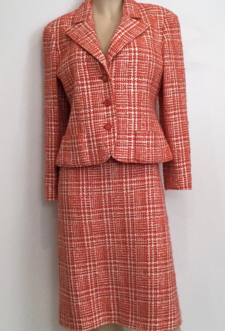 Auth Vintage Chanel 98A Auburn Orange Brown Wool Tweed Jacket Coat Skirt Set