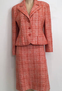 97P, 1997 Spring Vintage Chanel Boutique Orange Plaid Wool Tweed Jacket Blazer Skirt Suit Set US 8/10