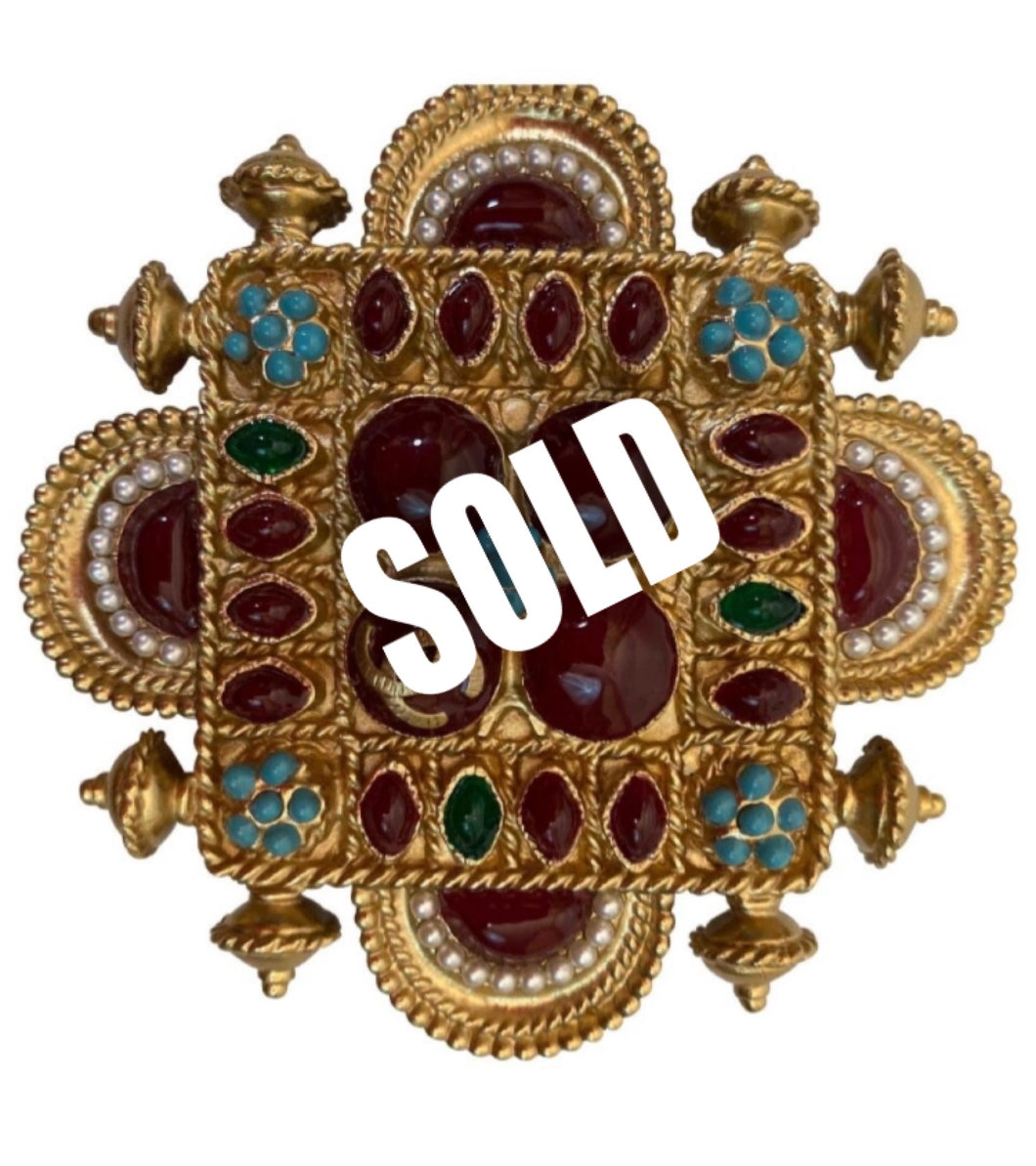 Chanel 11C, 2011 Cruise Resort gold turquoise red Gripoix Stone Brooch Pin