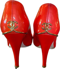Load image into Gallery viewer, Chanel 08C, 2008 Cruise Patent Leather Orange Peep Toe Pump Heels EU 35.5 US 4.5/5
