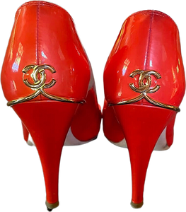 Chanel 08C, 2008 Cruise Patent Leather Orange Peep Toe Pump Heels EU 35.5 US 4.5/5