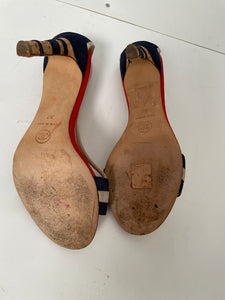 Chanel 08C, 2008 Cruise suede red white blue cork sandal strap Heels EU 37 US 6.5/7
