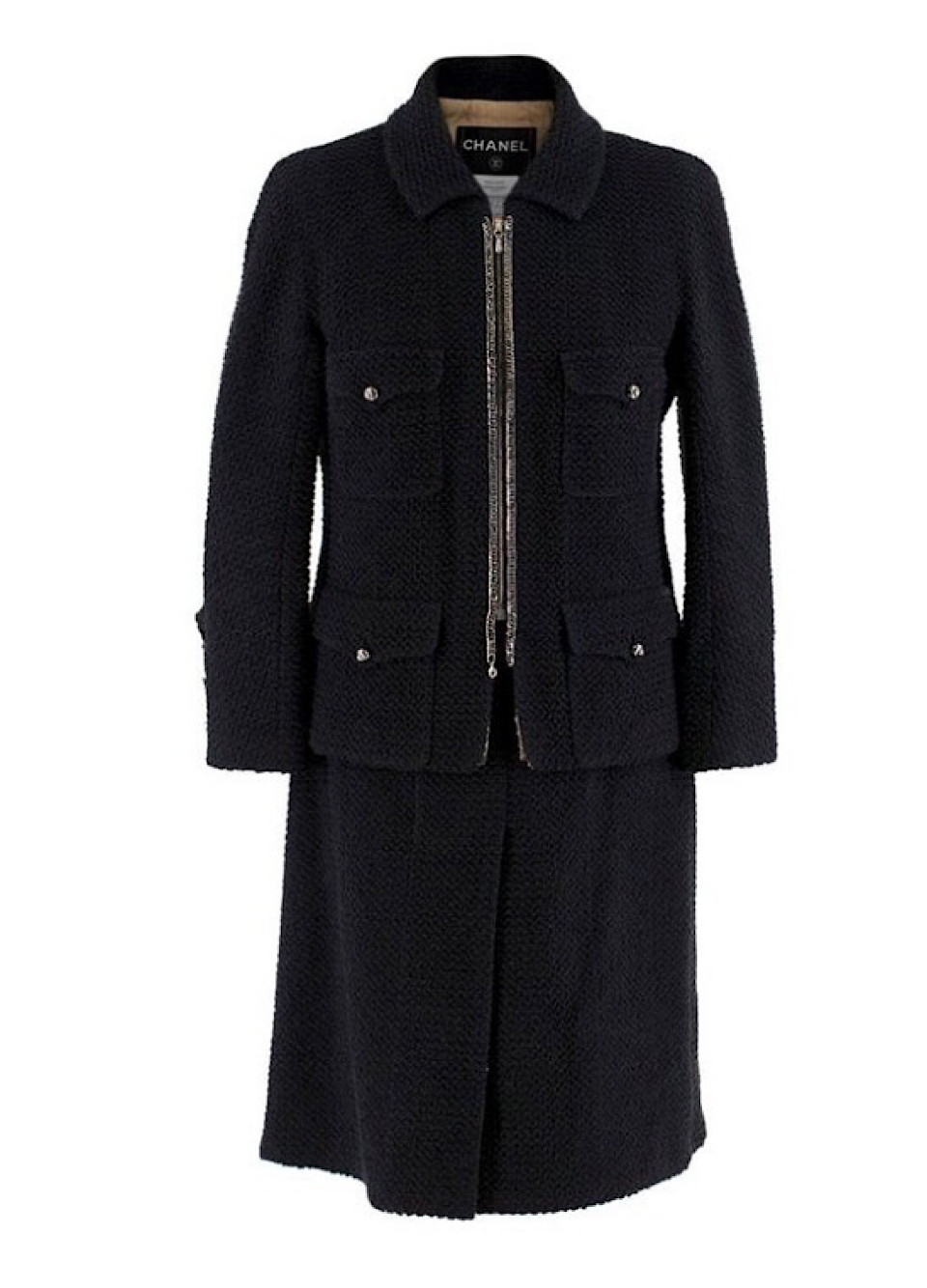 Rare Chanel Black Tweed Textured Skirt Suit w Chains/Zippers